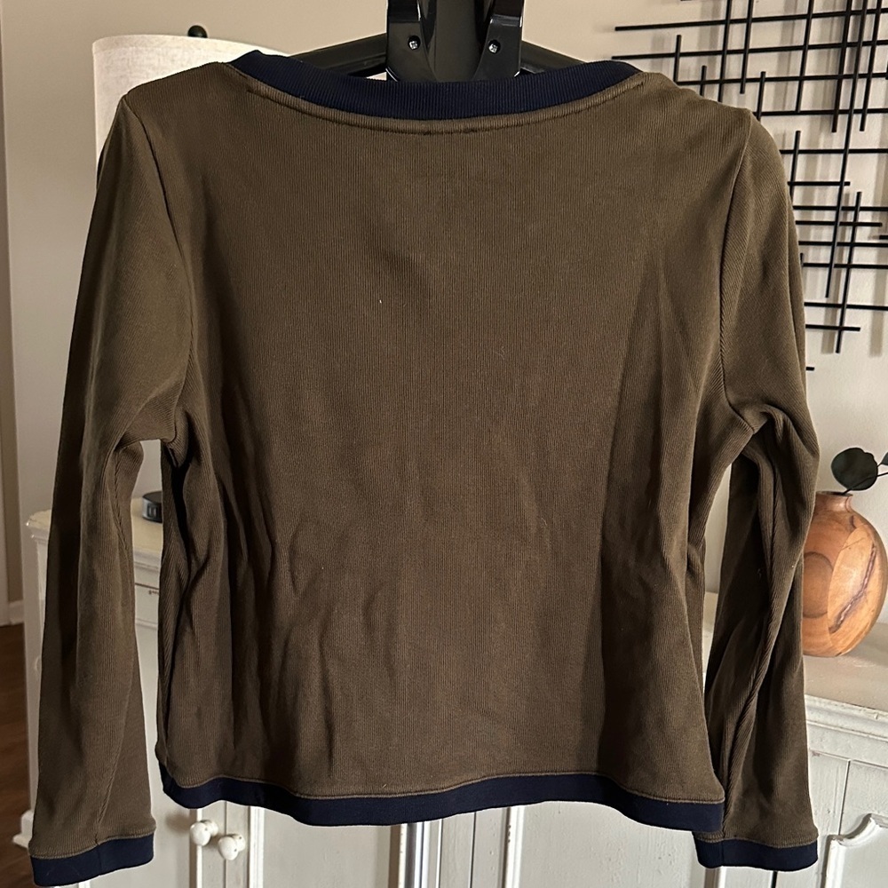 Talbots Olive Green Top with Navy Trim Long Sleeve - Picture 3 of 6